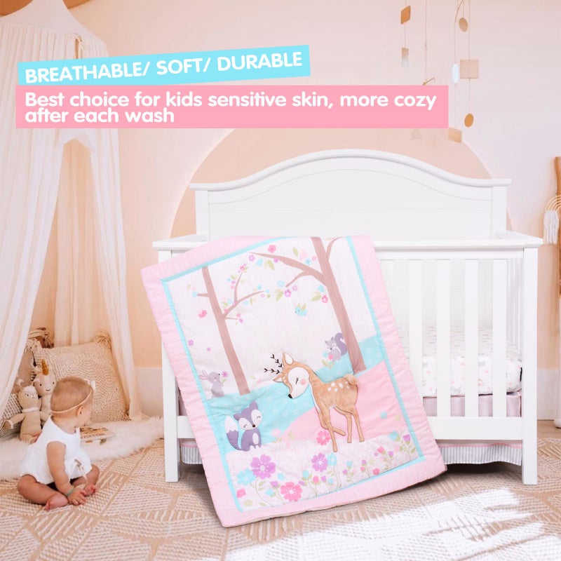 UOMNY Crib Bedding Set for Girls 3 Piece Woodland Baby Girl Crib Bedding Set Include Fitted Crib Sheet Comforter Crib Skirt - Image 2